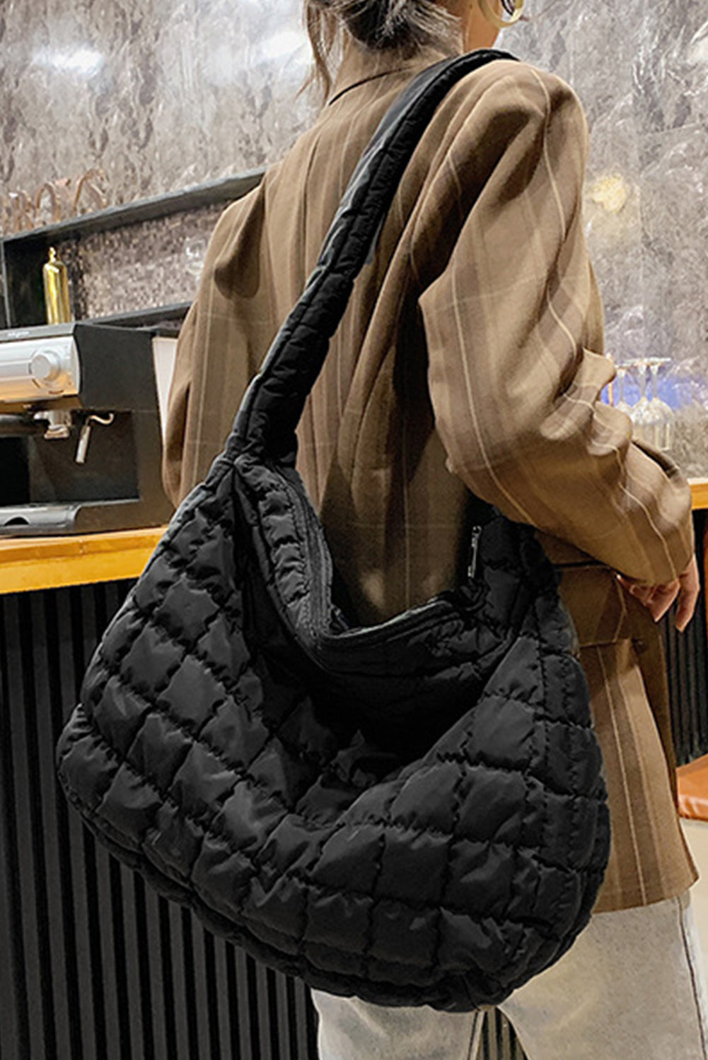 Quilted Zipper Large Shoulder Bag -2 COLORS