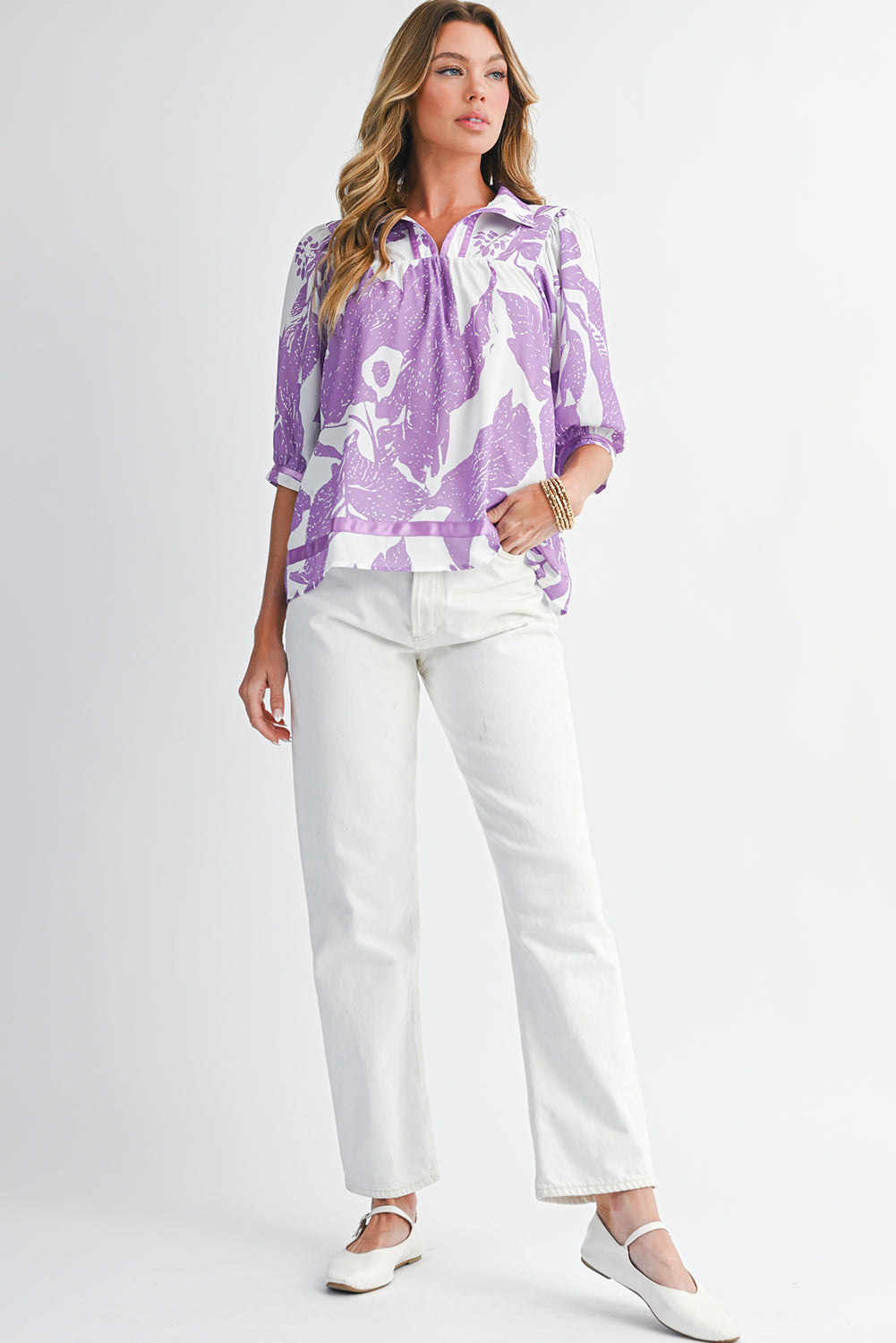 Purple Floral V-Neck Bubble Sleeve Blouse