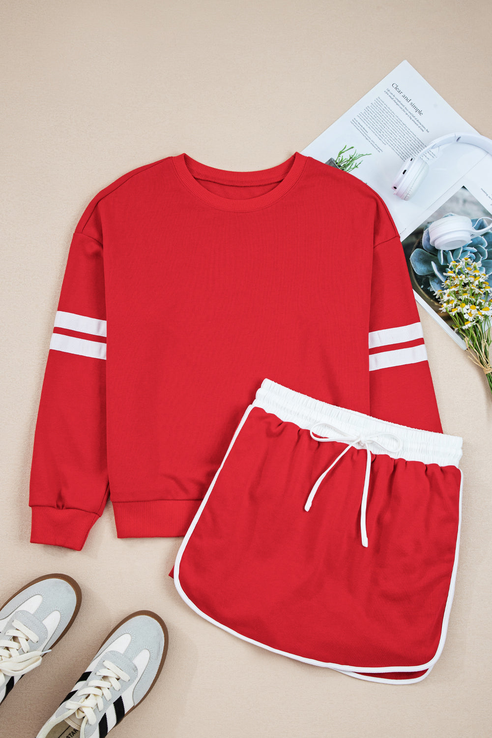 Varsity Stripe Detail Drop Shoulder Pullover Mini Skirt Set -3 COLOR OPTIONS