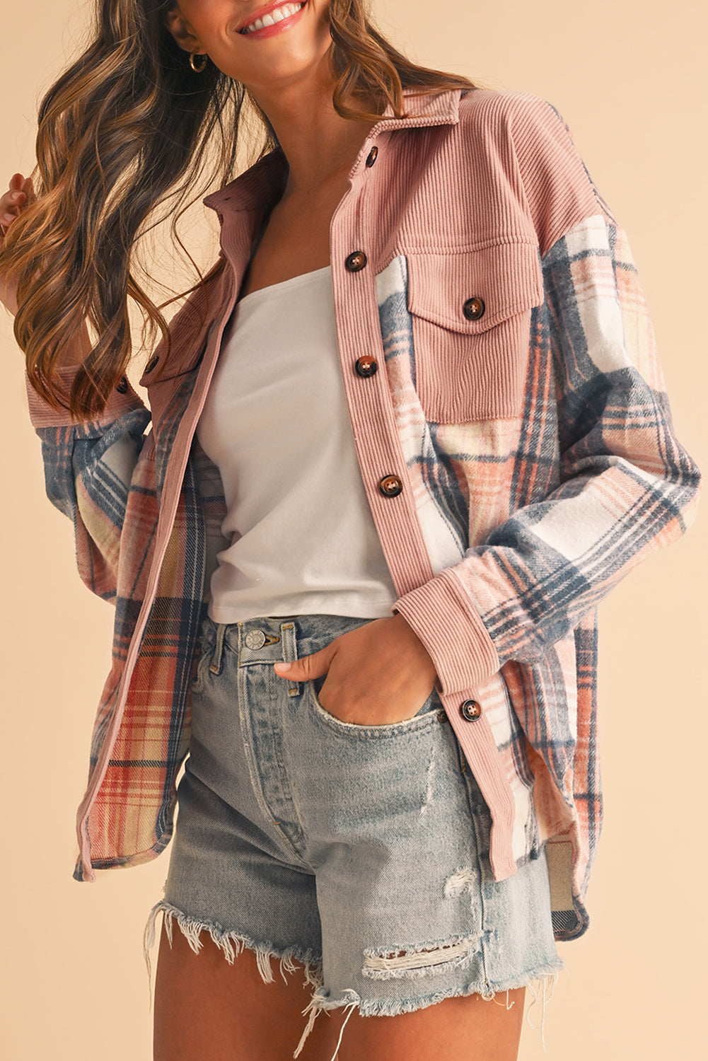 Plaid Corduroy Patchwork Pocket Loose Shacket -2 COLOR OPTIONS