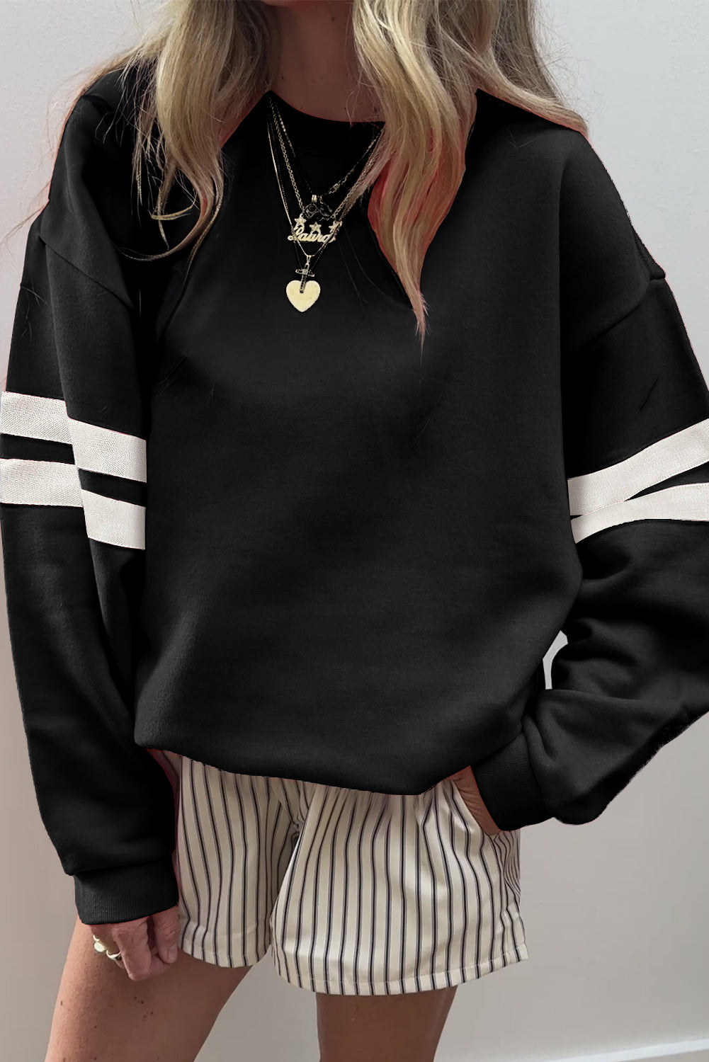 Preppy Striped Sleeve Loose Sweatshirt -7 COLOR OPTIONS