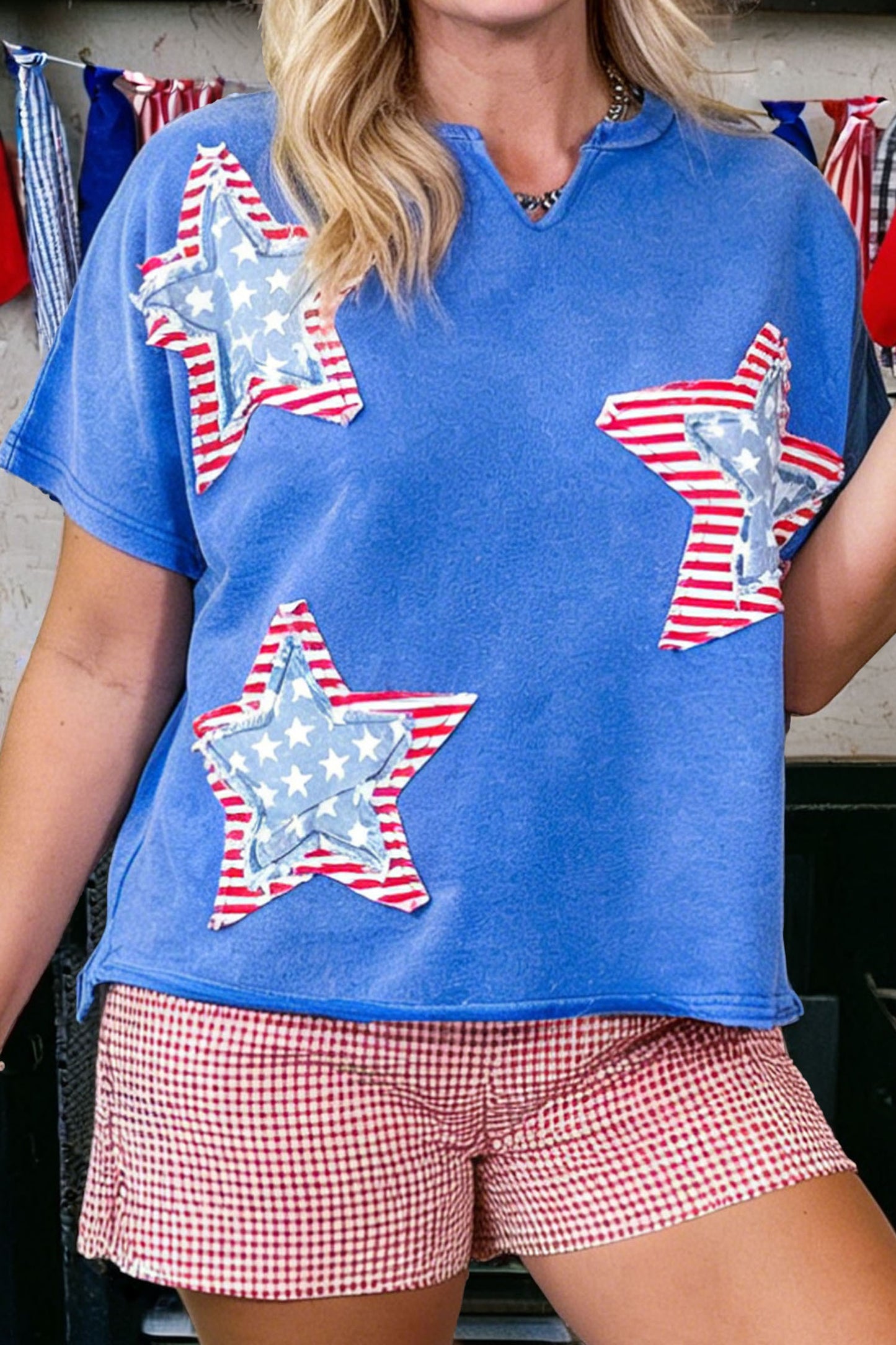 Patriot Star Patched Notched Neck Mineral Washed Tee -2 COLOR OPTIONS