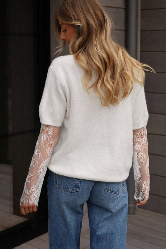 WAREHOUSE SALE -Beige Lace Sleeve Patchwork Faux Two-piece Fuzzy Sweater