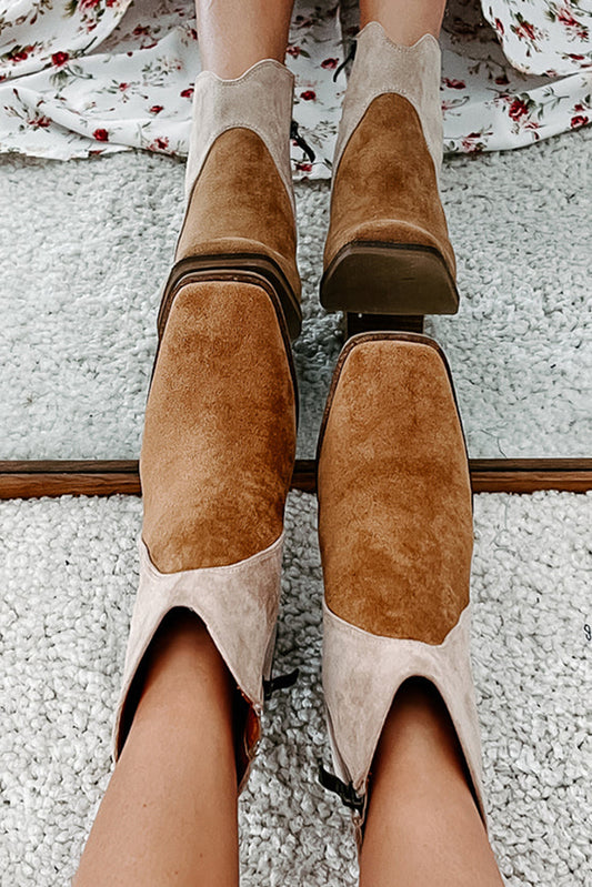 WAREHOUSE SALE -Camel Two Tone Faux Suede Square Toe Chunky Heel Boots
