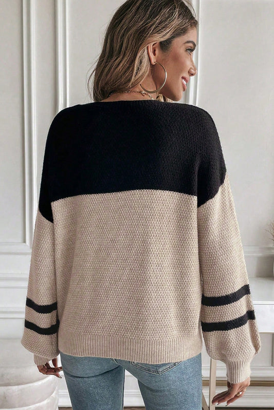 WAREHOUSE SALE -Parchment Colorblock Striped Sleeve Detail Knit Sweater