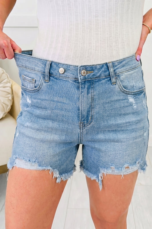 Asymmetric Raw Hem Distressed Whiskery Denim Shorts -2 COLOR OPTIONS