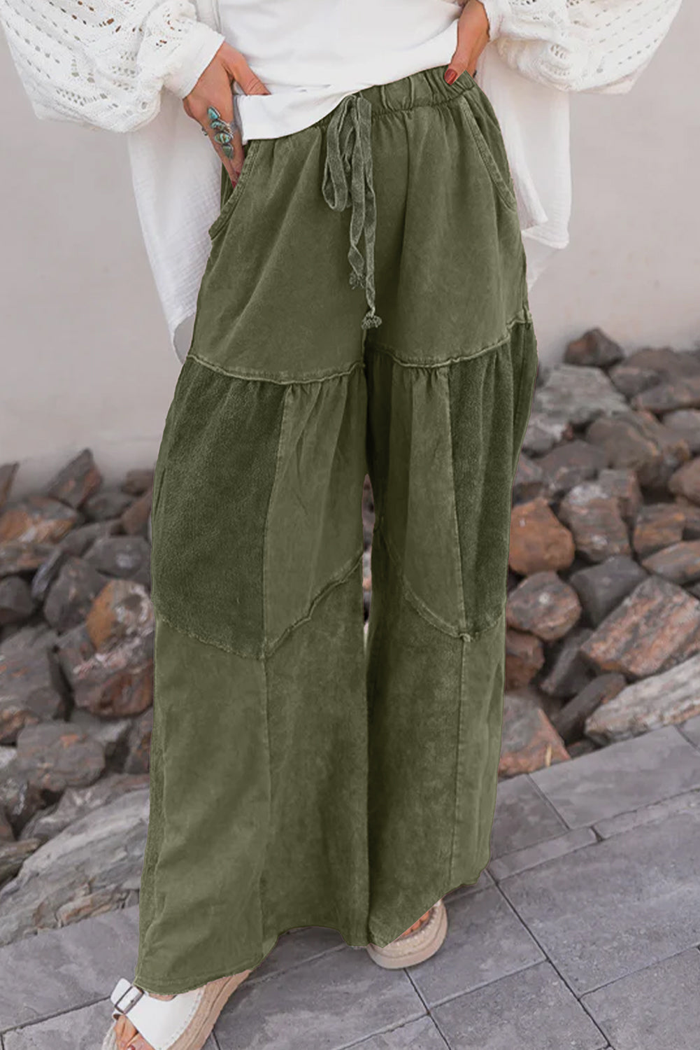 Mineral Wash Tiered Wide Leg Patchwork Drawstring Pants -3 COLOR OPTIONS