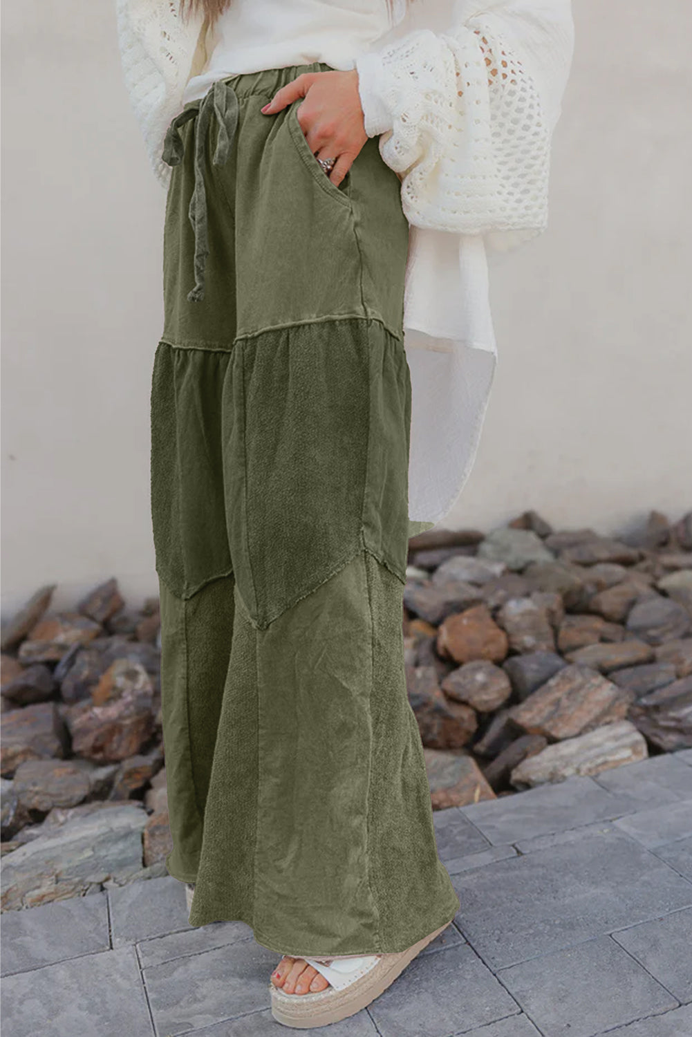 Mineral Wash Tiered Wide Leg Patchwork Drawstring Pants -3 COLOR OPTIONS