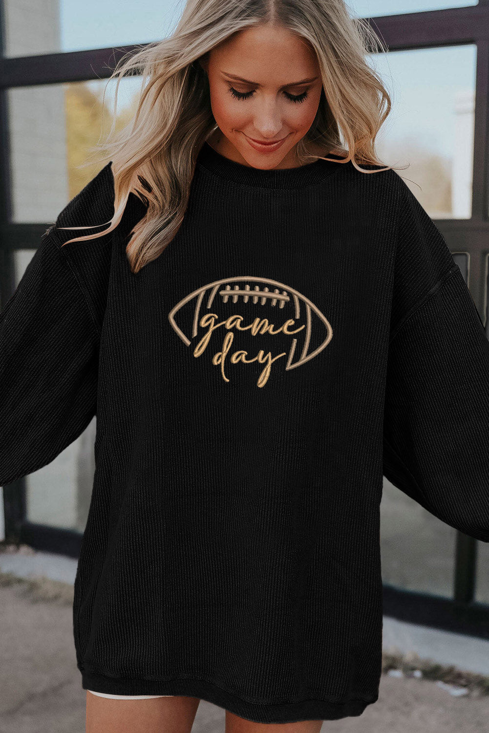 Football Graphic Drop Shoulder Game Day Corded Sweatshirt -5 COLOR OPTIONS