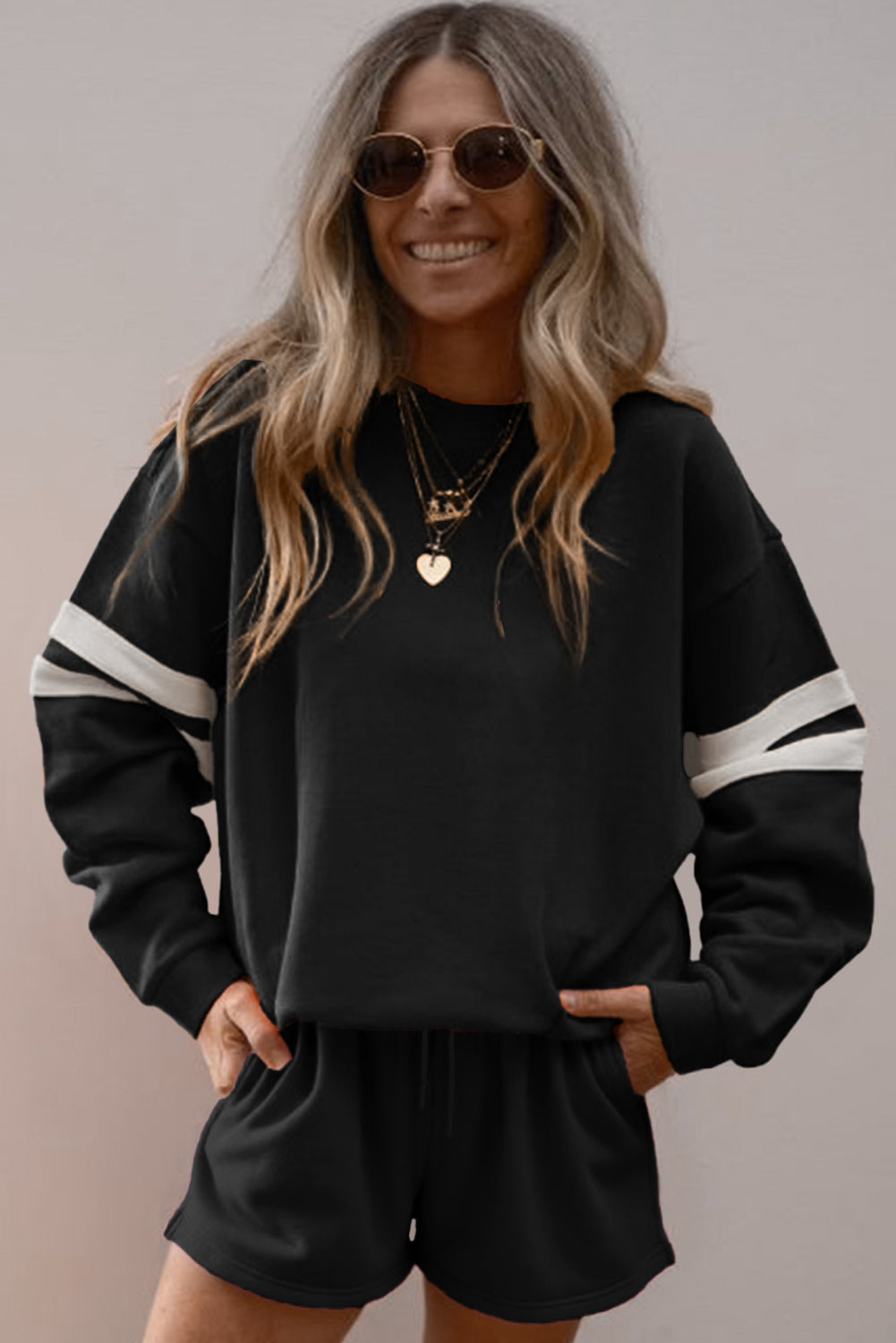Varsity Striped Sleeve Drop Shoulder Sweatshirt and Shorts Set -3 COLOR OPTIONS