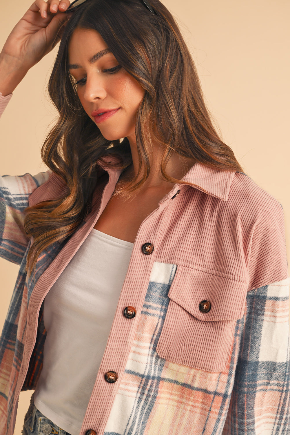 Plaid Corduroy Patchwork Pocket Loose Shacket -2 COLOR OPTIONS