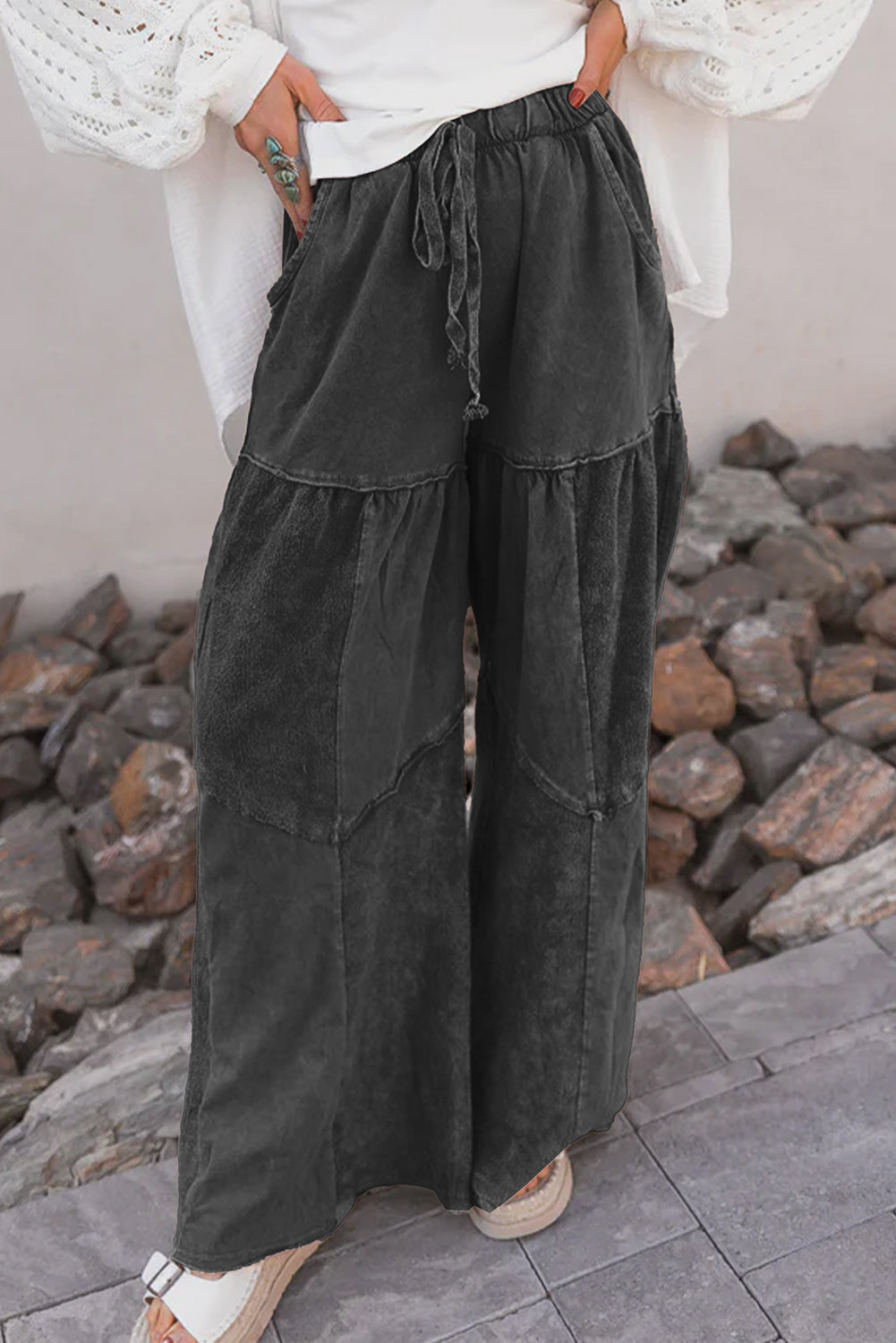 Mineral Wash Tiered Wide Leg Patchwork Drawstring Pants -3 COLOR OPTIONS