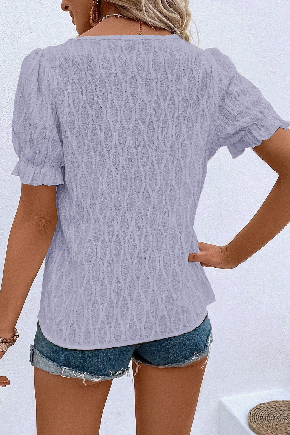 Solid Color Textured Notched Neck Puff Sleeve Blouse -2 COLOR OPTIONS
