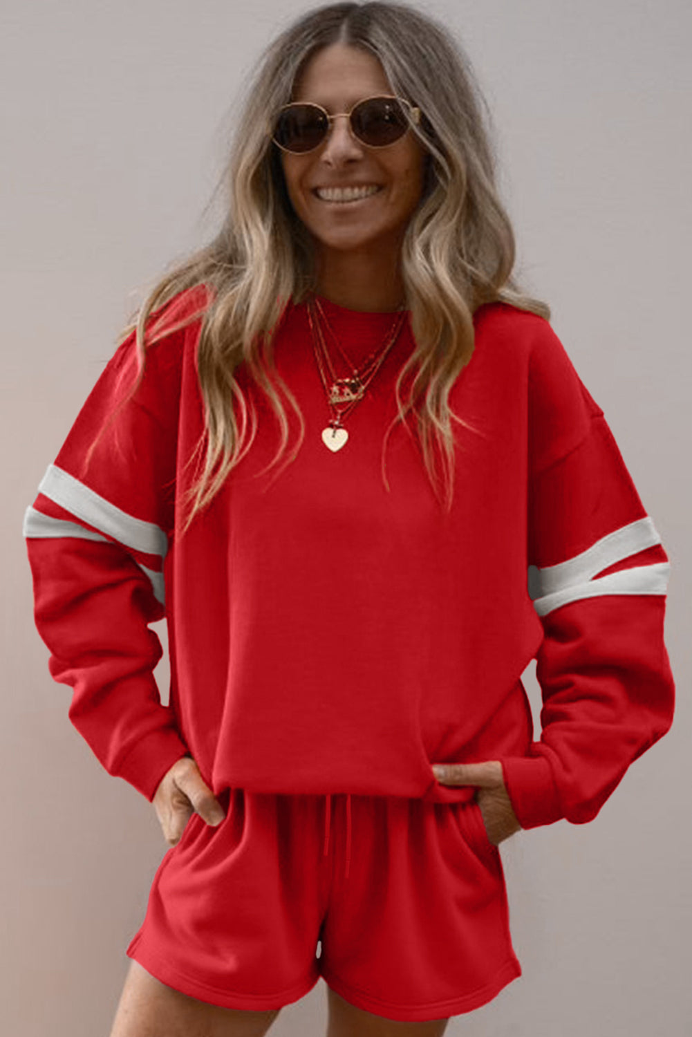 Varsity Striped Sleeve Drop Shoulder Sweatshirt and Shorts Set -3 COLOR OPTIONS