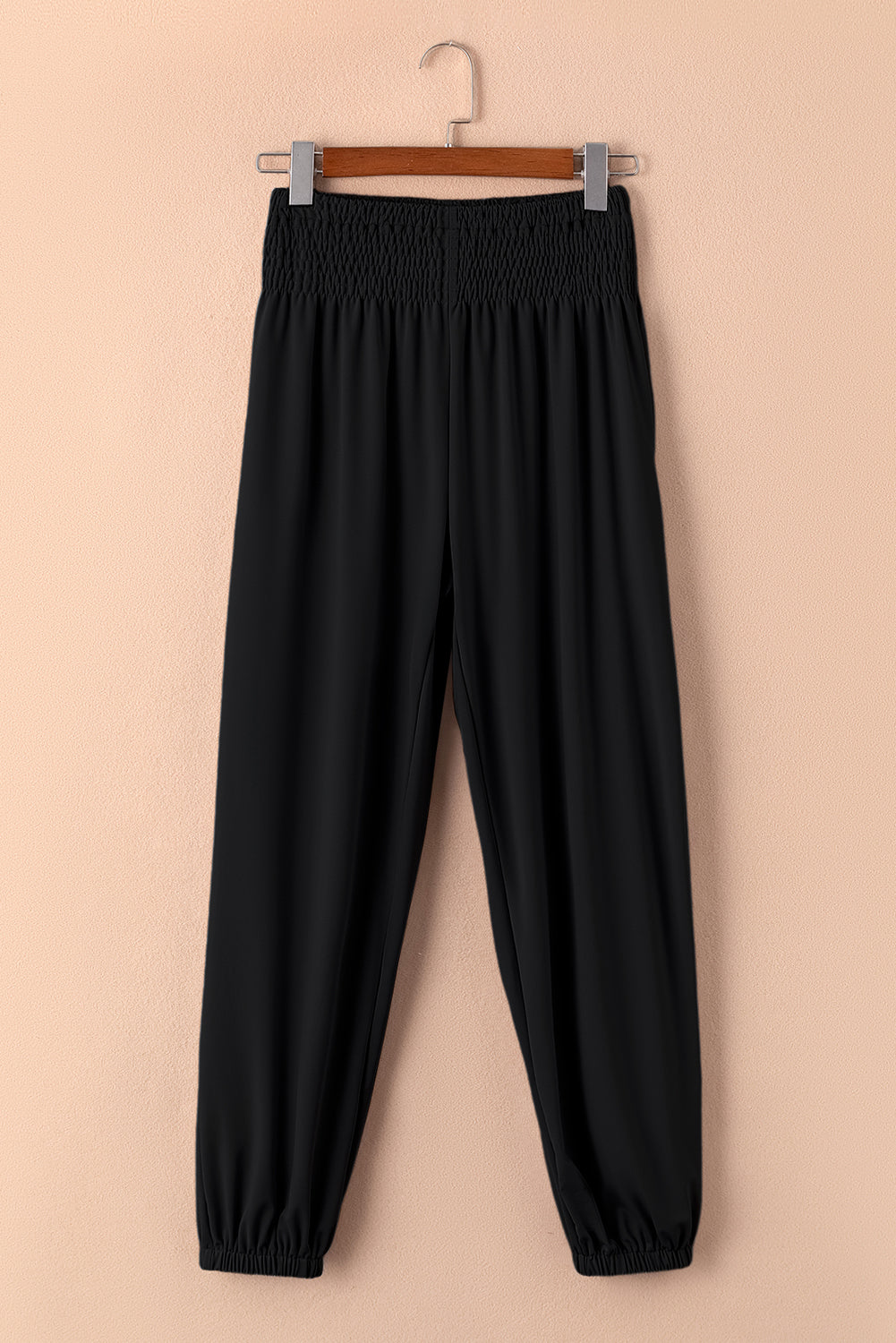 Black Pocketed Shirred High Waist Joggers