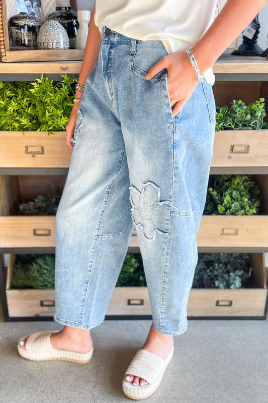Beau Blue Light Wash Floral Pocketed High Waist Jeans