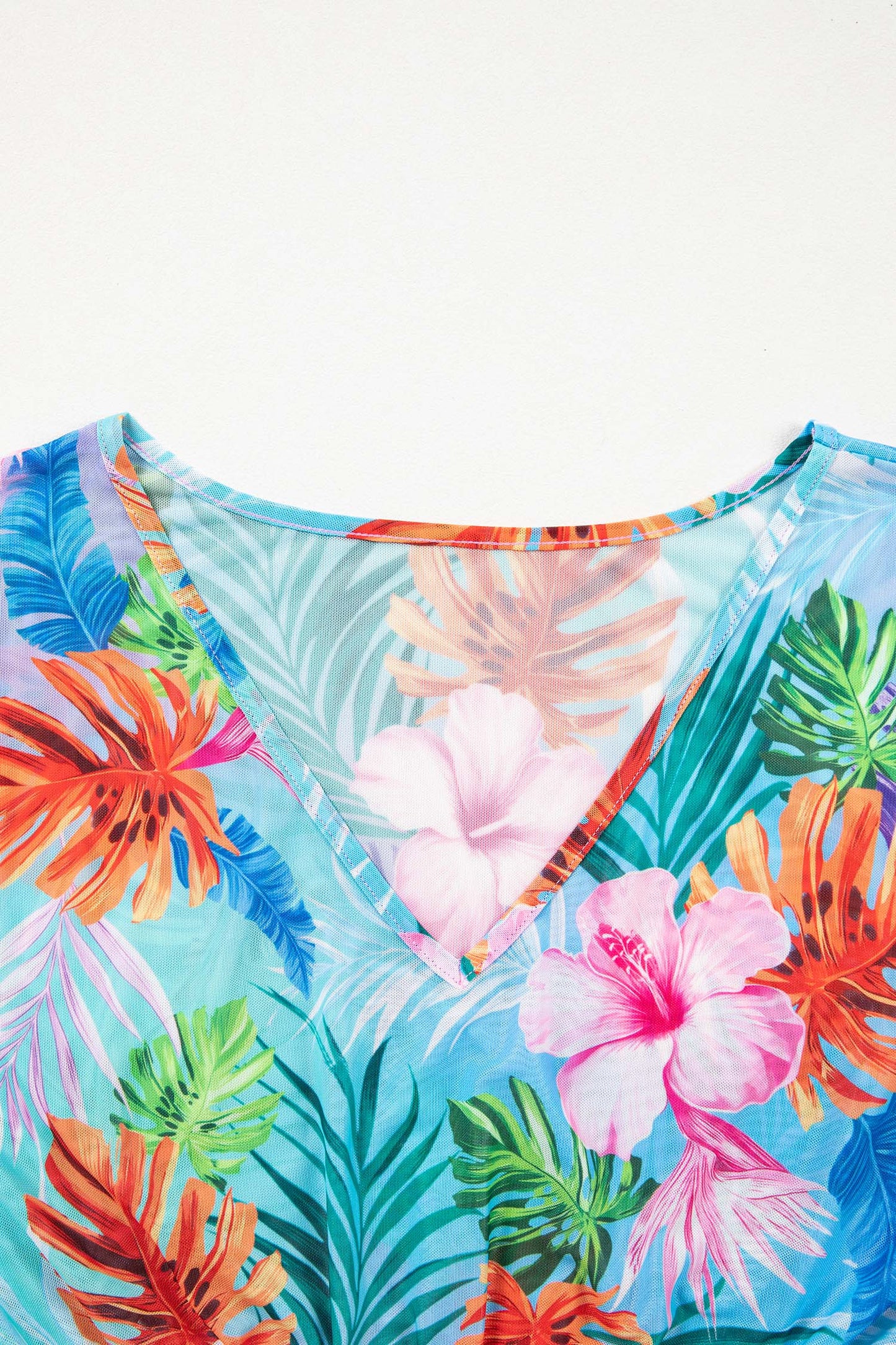 Rose Floral Print V Neck Semi Sheer Beach Cover Up Dress