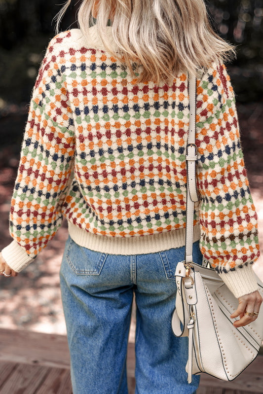 Multicolour Dotty Pattern Button Front V Neck Knit Cardigan