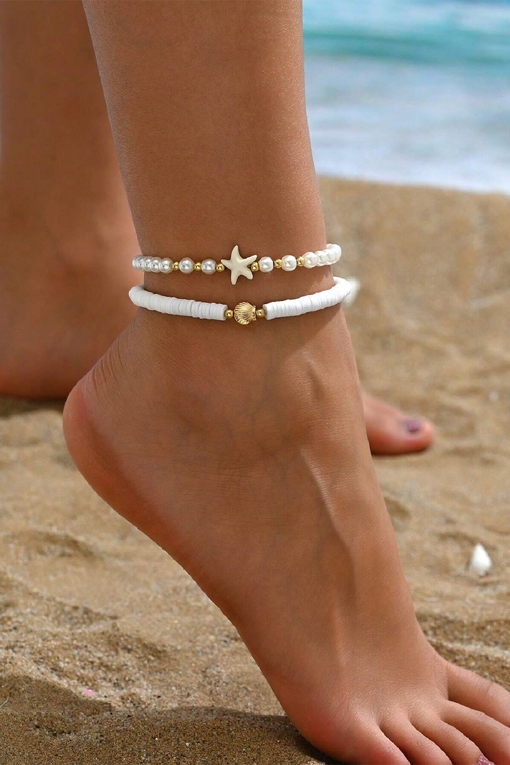 White Shell Starfish Beaded Anklet 2Pcs