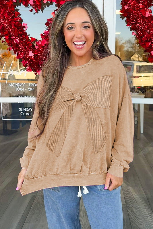 Mineral Wash Waffle Bow Patched Pullover Sweatshirt -2 COLOR OPTIONS