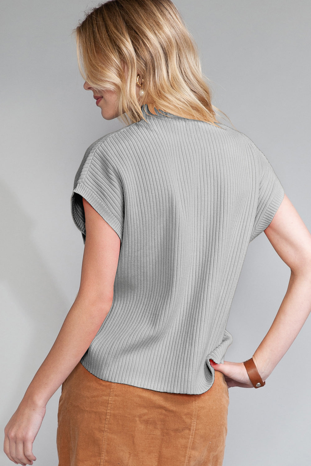 Patch Pocket Ribbed Knit Short Sleeve Sweater - 8 COLOR OPTIONS