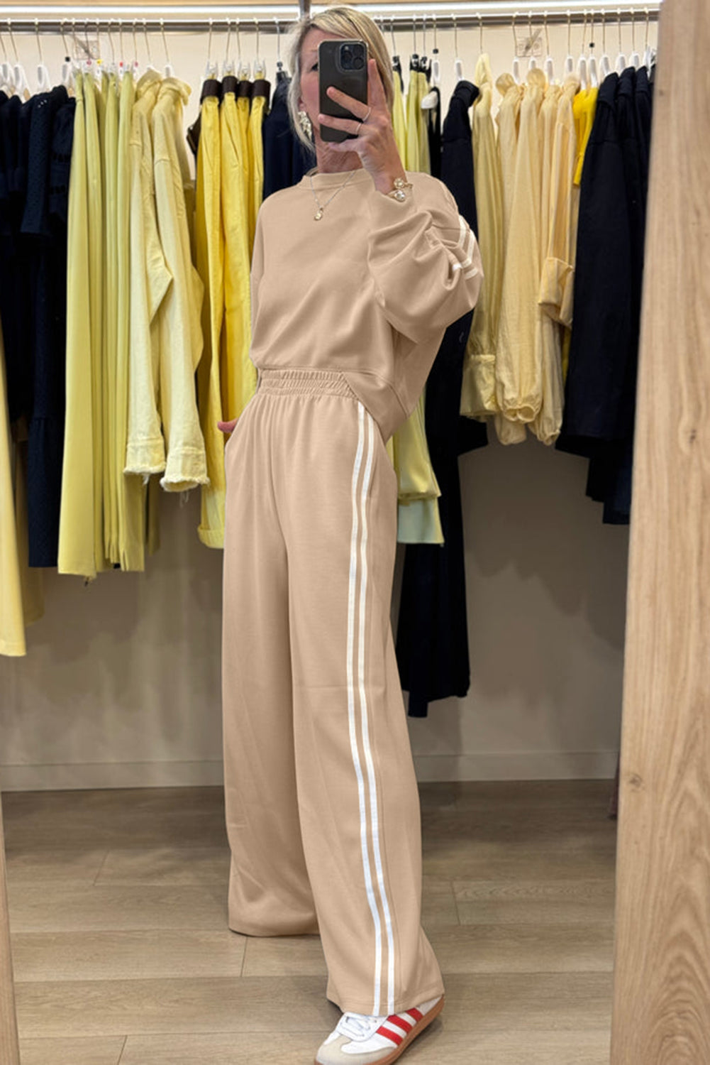 Varsity Striped Detail Cropped Pullover Wide Leg Pants 2pcs Outfit -2 COLOR OPTIONS