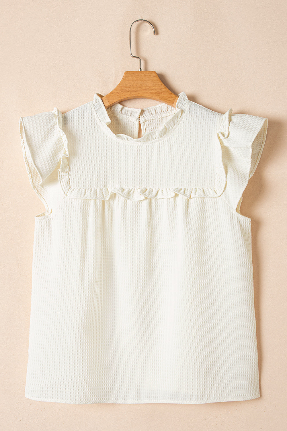 White Solid Color Ruffle Trim Waffle Textured Blouse