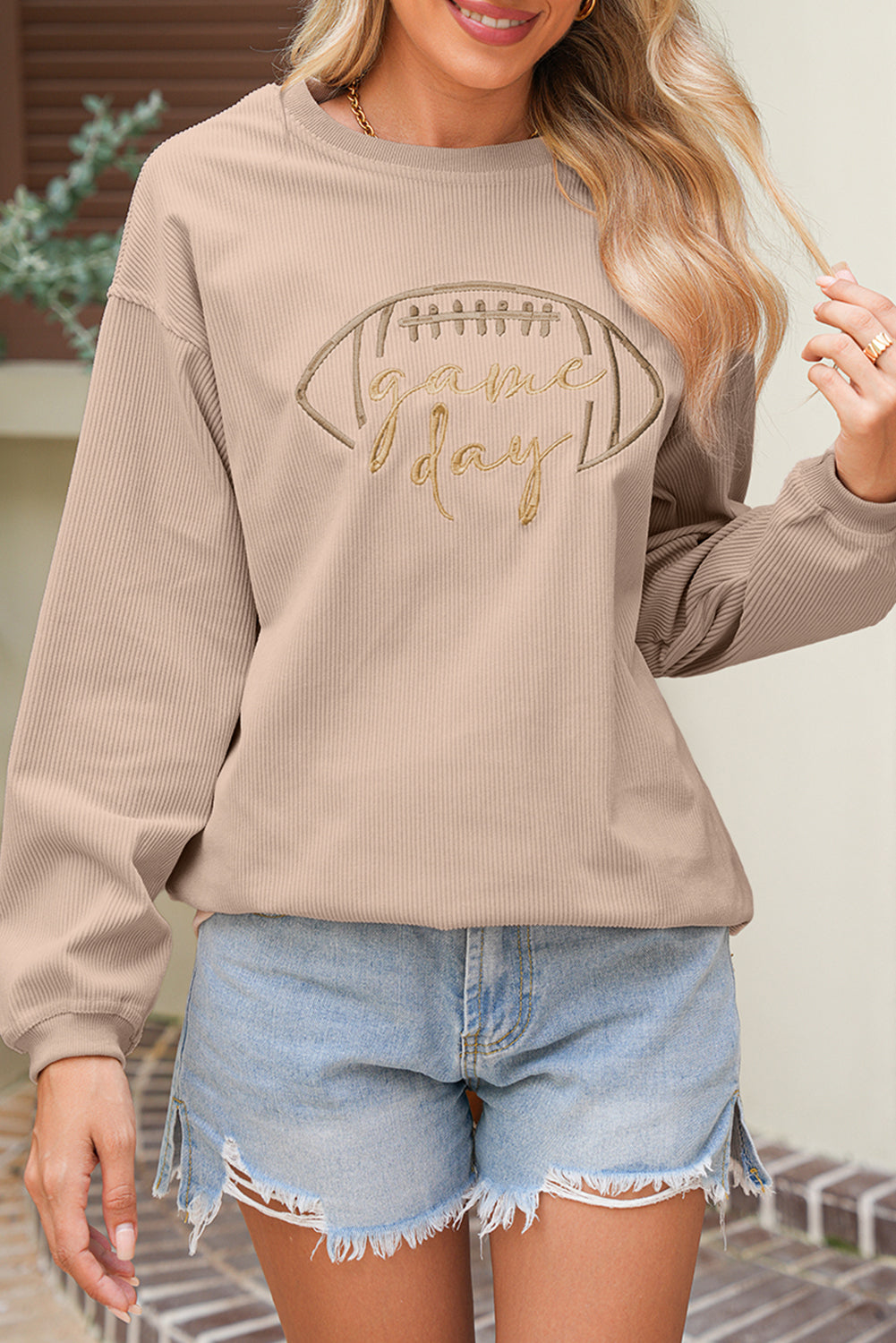 Football Graphic Drop Shoulder Game Day Corded Sweatshirt -5 COLOR OPTIONS