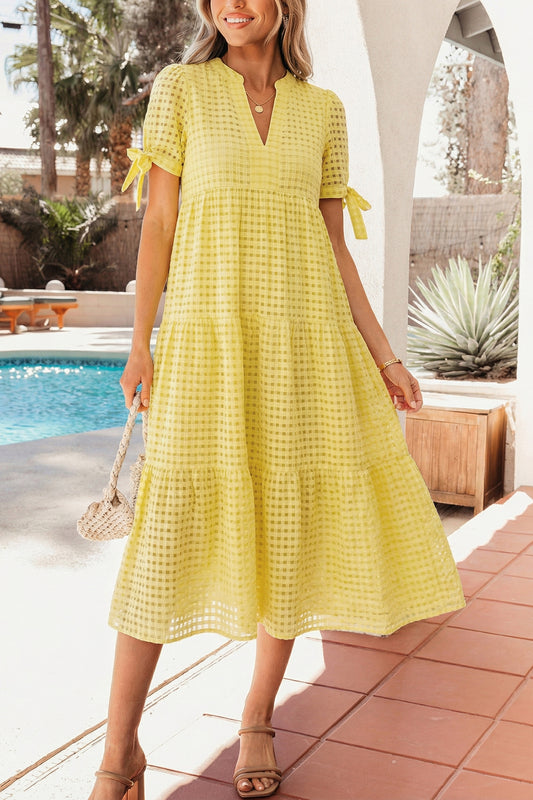 Gingham Textured Bow Tie Short Sleeve Tiered Midi Dress- 2 COLOR OPTIONS