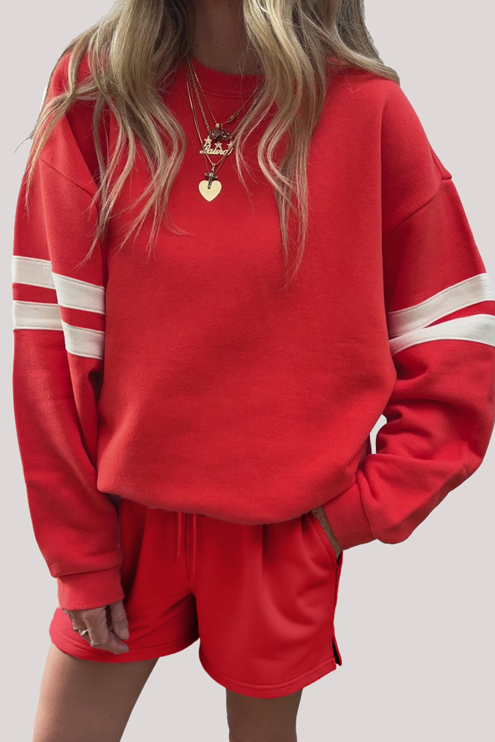 Varsity Striped Sleeve Drop Shoulder Sweatshirt and Shorts Set -3 COLOR OPTIONS