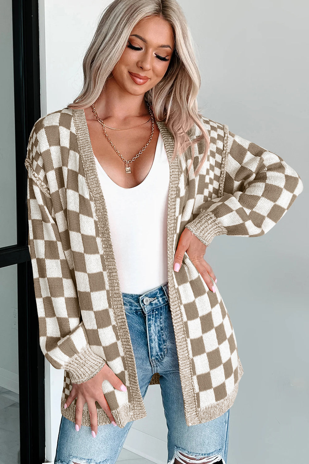 Orange Checkered Open Front Drop Shoulder Cardigan -3 COLOR OPTIONS