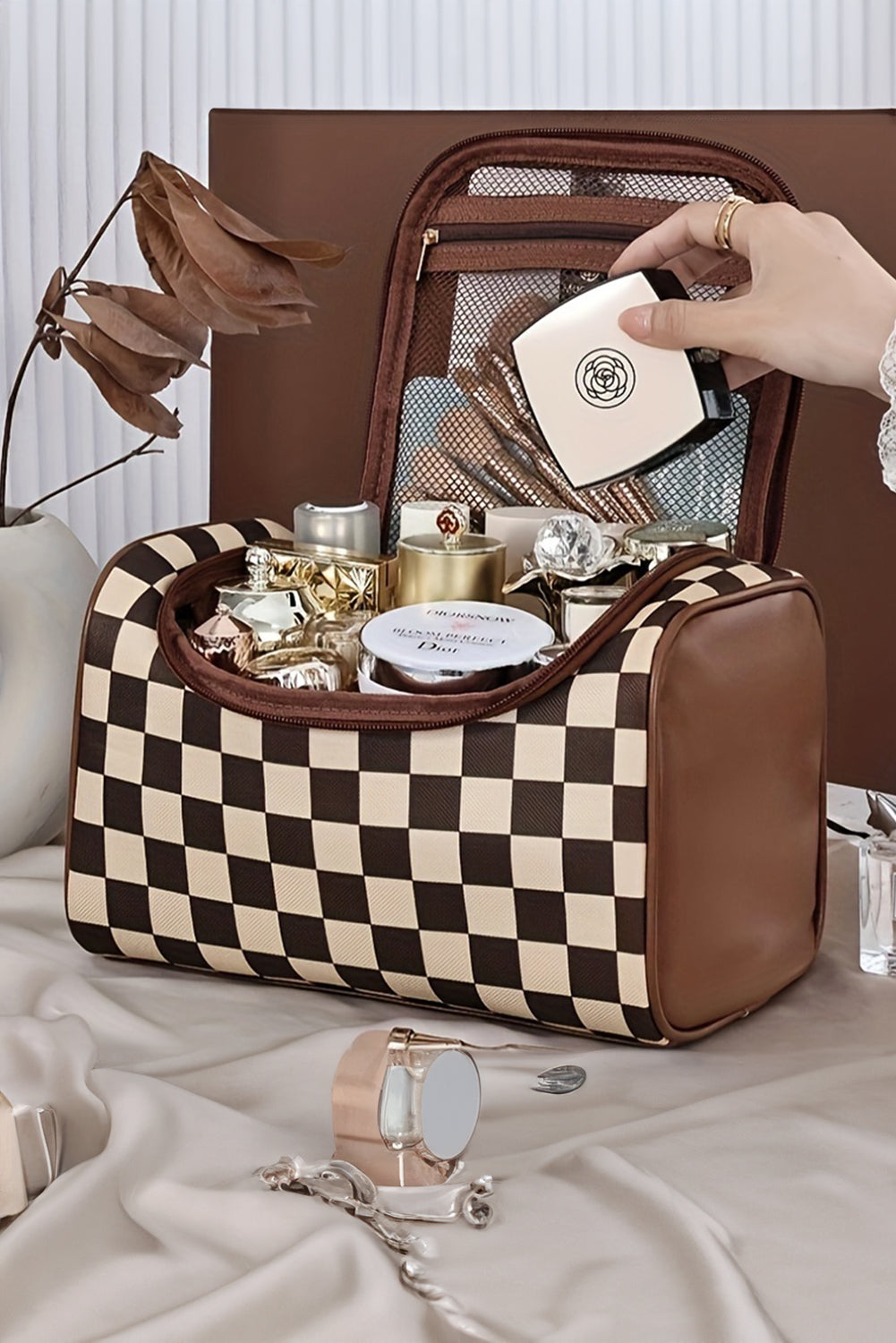 Brown Checker Print Leather Zipper Makeup Bag