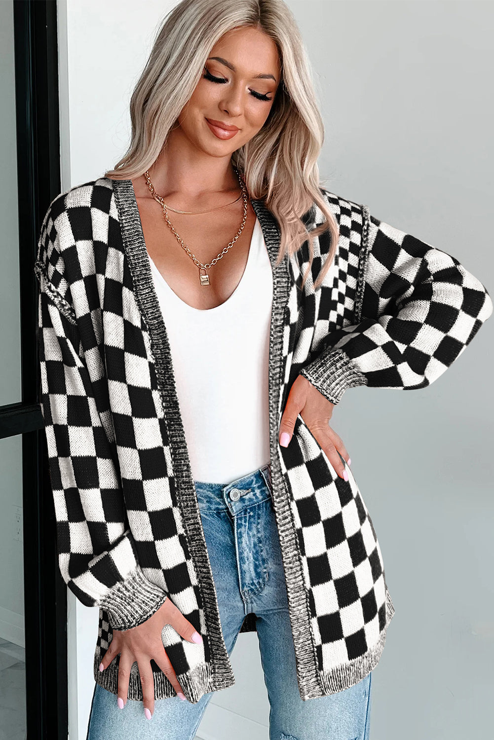 Orange Checkered Open Front Drop Shoulder Cardigan -3 COLOR OPTIONS