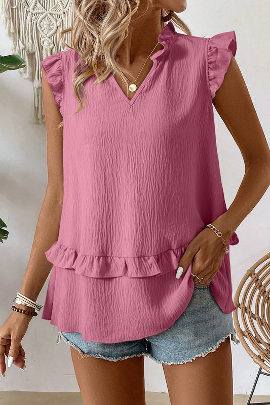 Notched V Neck Ruffle Detail Tank Top -3 COLOR OPTIONS