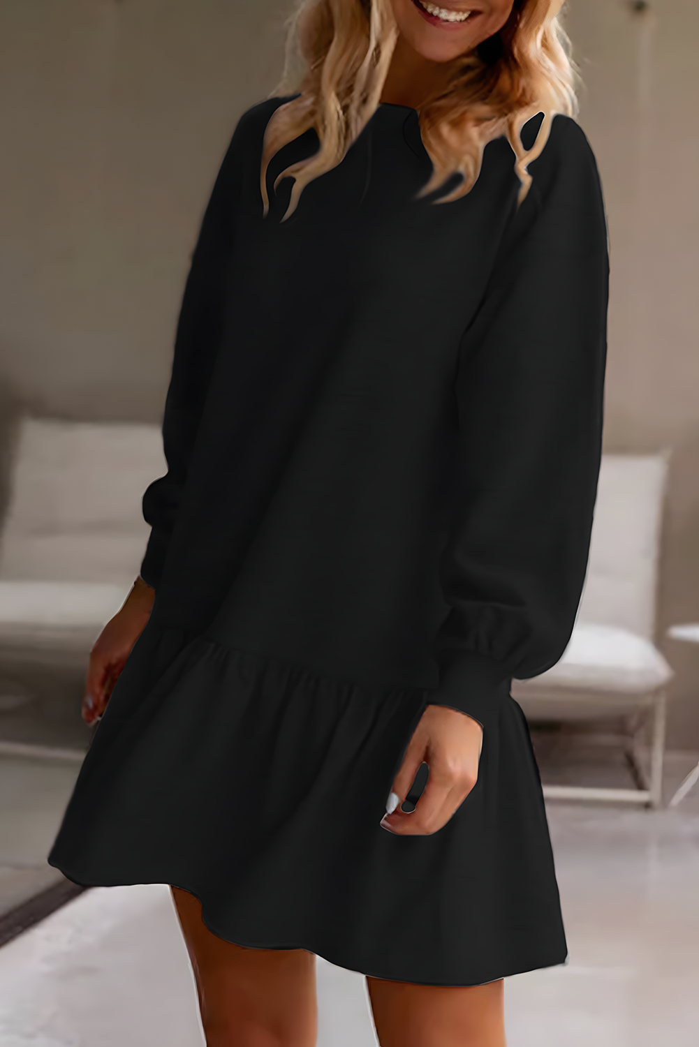 Solid Color Ruffle Hem Mini Sweatshirt Dress -2 COLOR OPTIONS