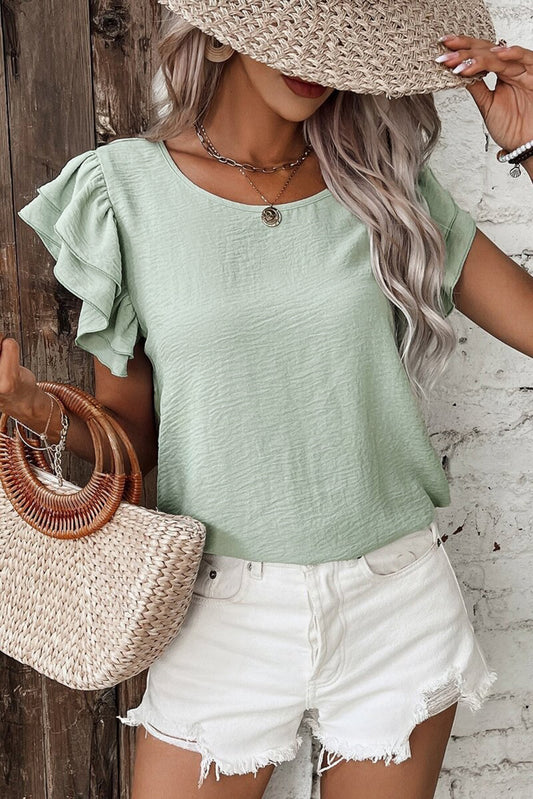 Solid Color Ruffle Sleeve Crinkled Blouse -2 COLOR OPTIONS