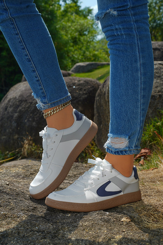 Navy Blue PU Leather Lace Up Sneakers