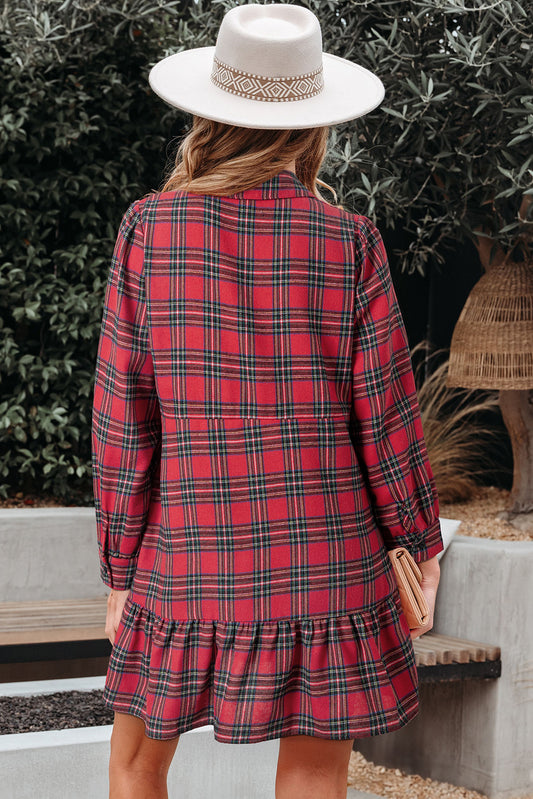Red Plaid Shirt Collar Half Button Ruffle Hem Long Sleeve Mini Dress