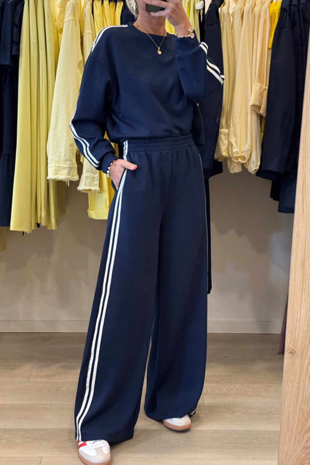 Varsity Striped Detail Cropped Pullover Wide Leg Pants 2pcs Outfit -2 COLOR OPTIONS