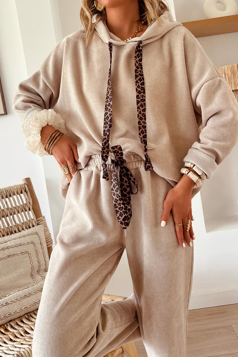 Drawstring Pullover Hoodie and High Waist Pants Corduroy Suit -2 COLOR OPTIONS