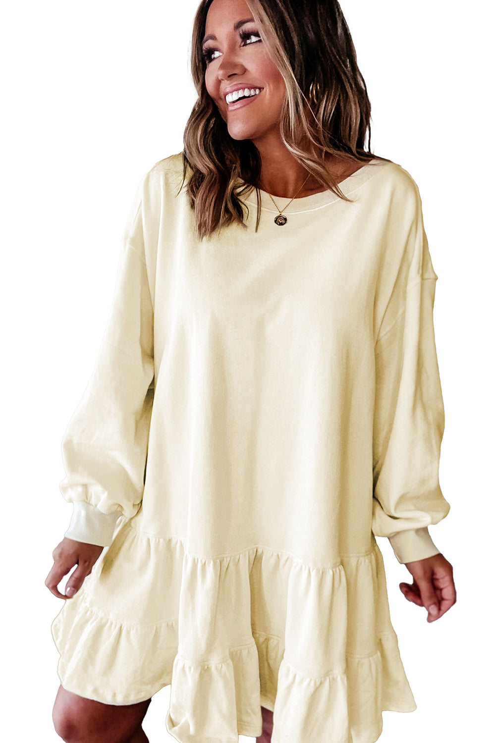 Double Tiered Ruffle Hem Long Sleeve Loose Mini Dress