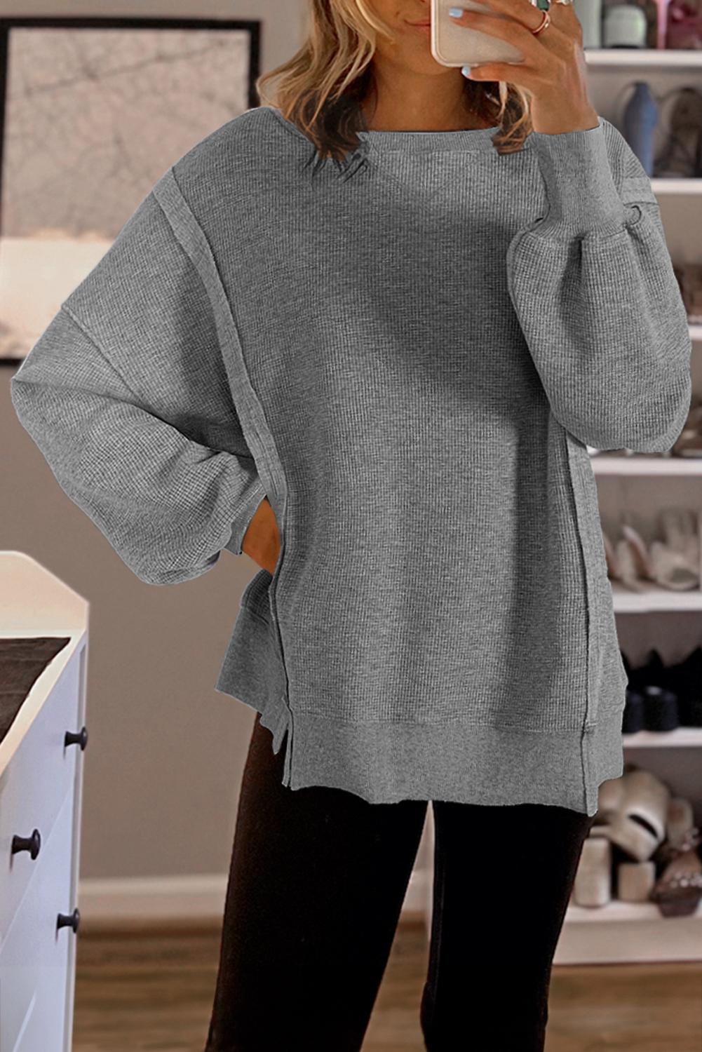Waffle Bishop Sleeve Split Oversized Sweatshirt -3 Colors