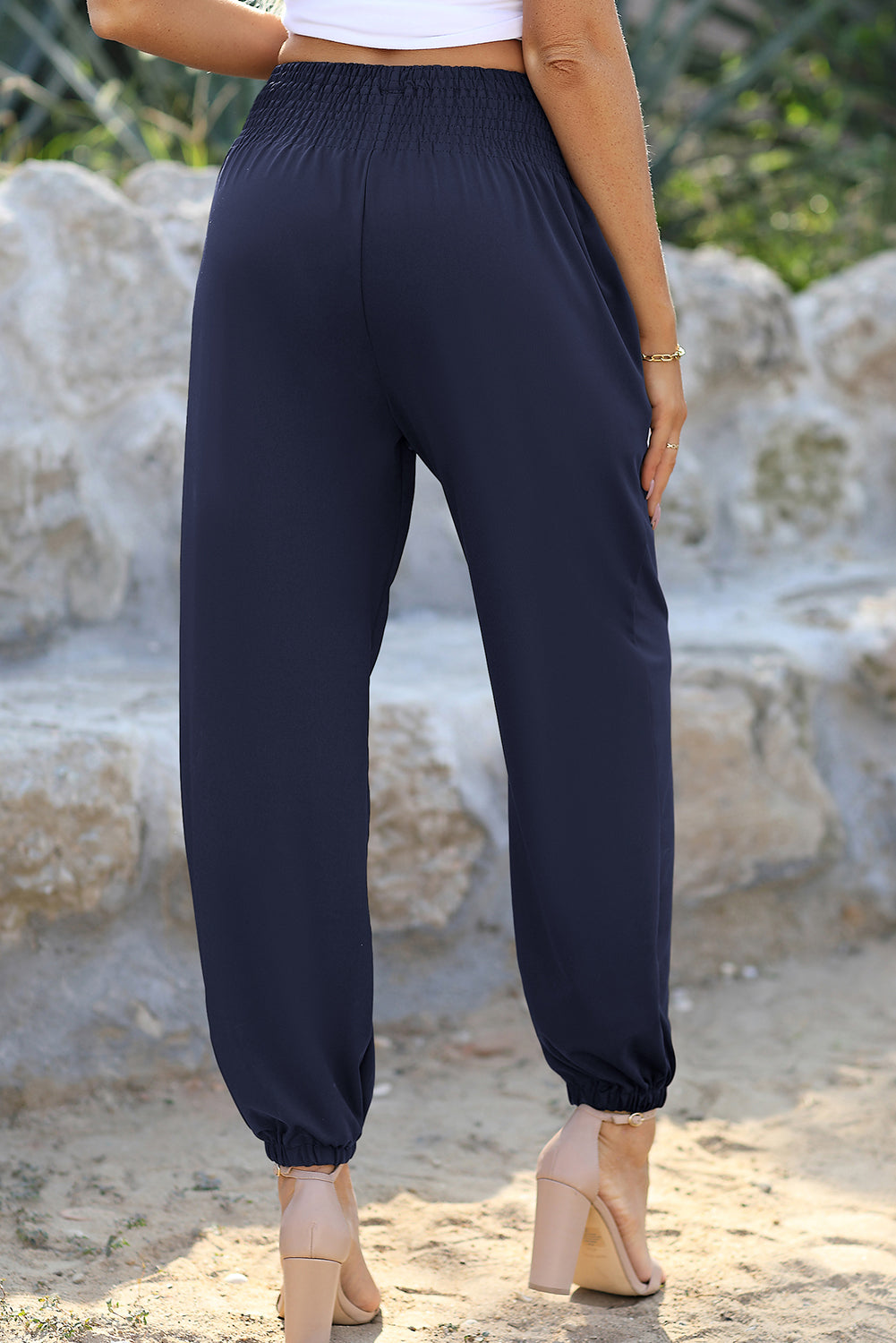 Black Pocketed Shirred High Waist Joggers