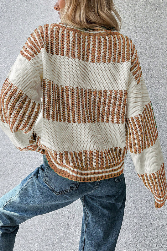 WAREHOUSE SALE -Khaki Two Tone Striped Patchwork Drop Shoulder Sweater