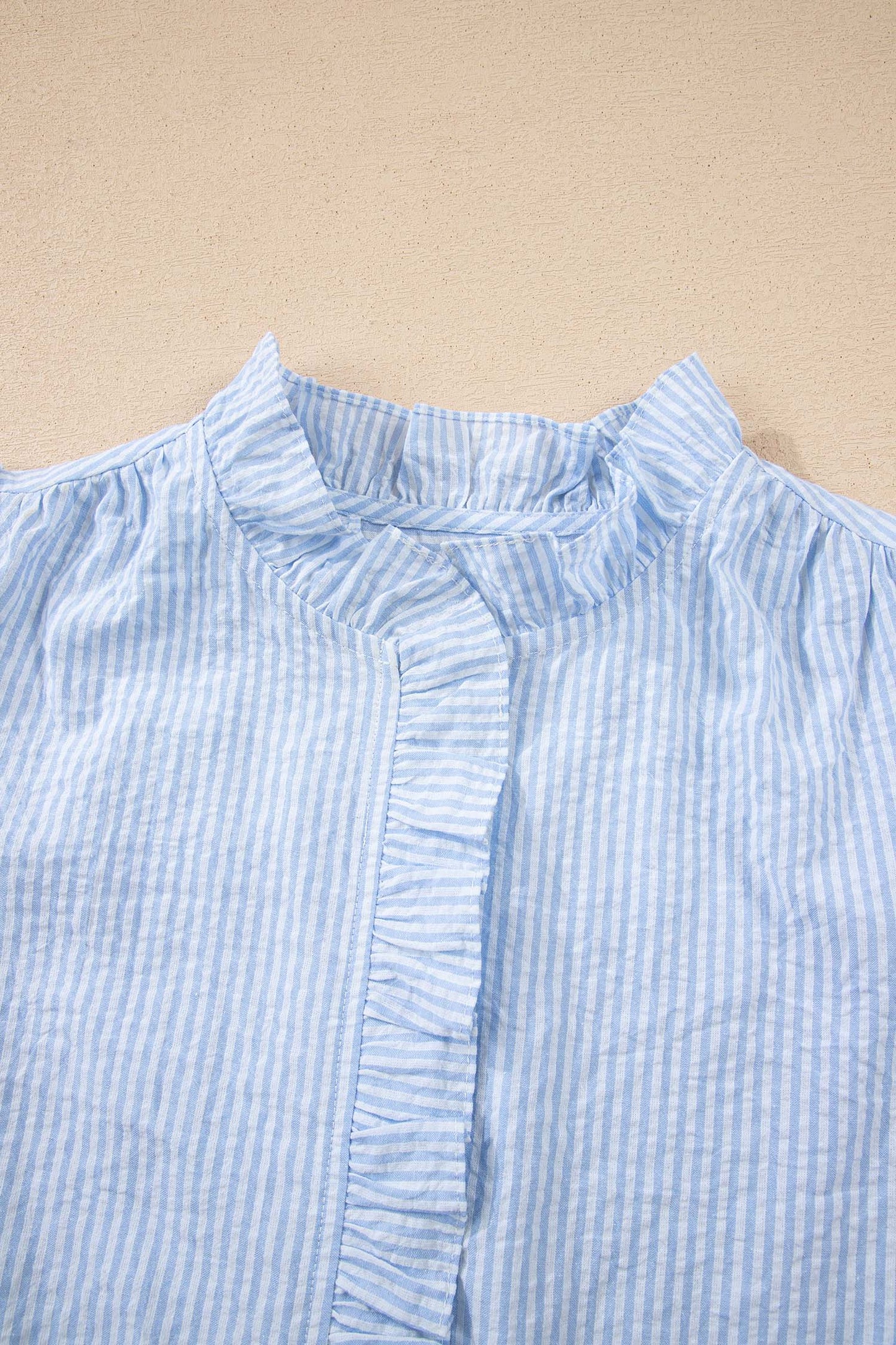 Sky Blue Stripe Floral Embroidered Puff Sleeve Ruffle Trim Shirt