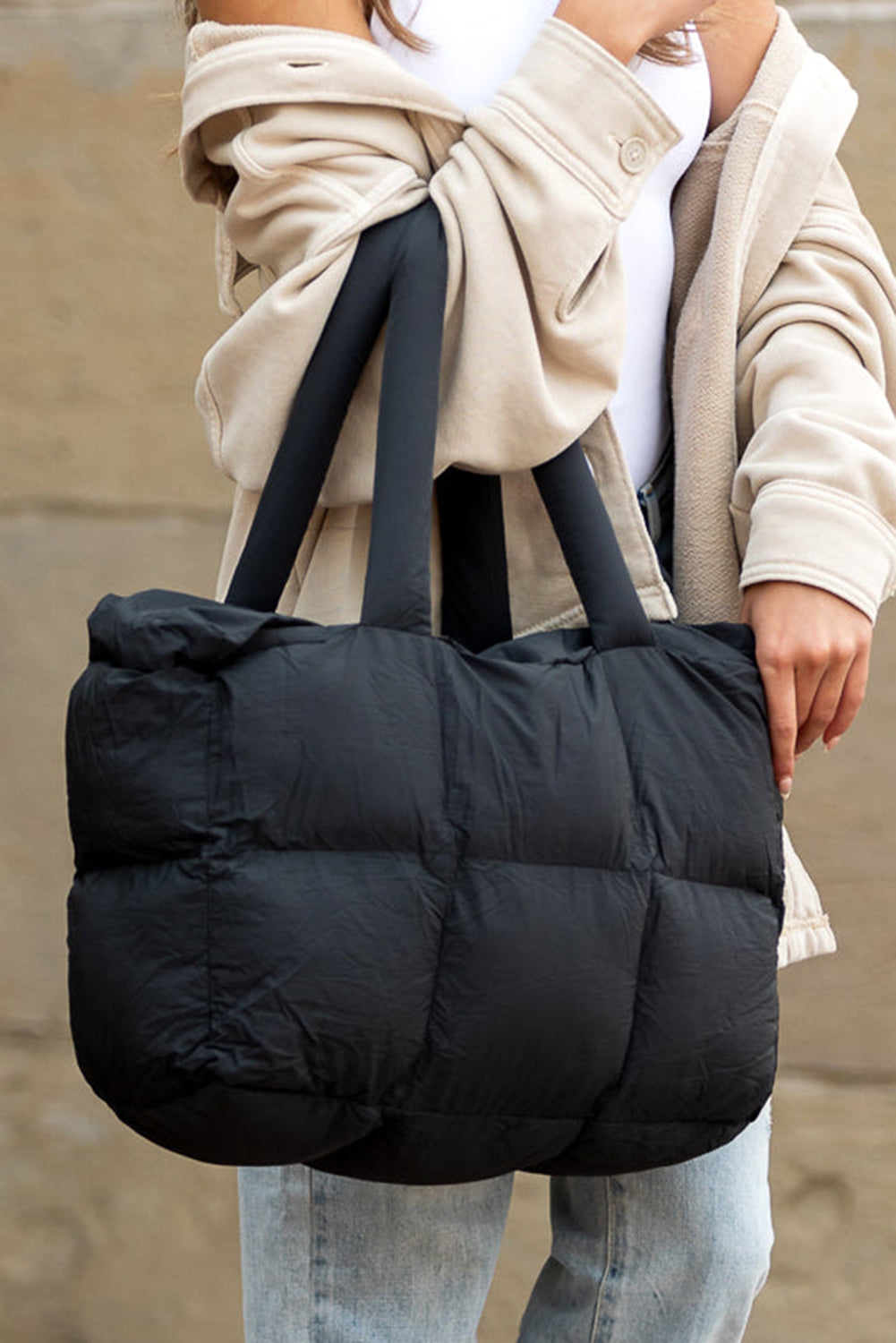 Solid Quilted Puffy Zipped Large Tote Bag -3 COLOR OPTIONS