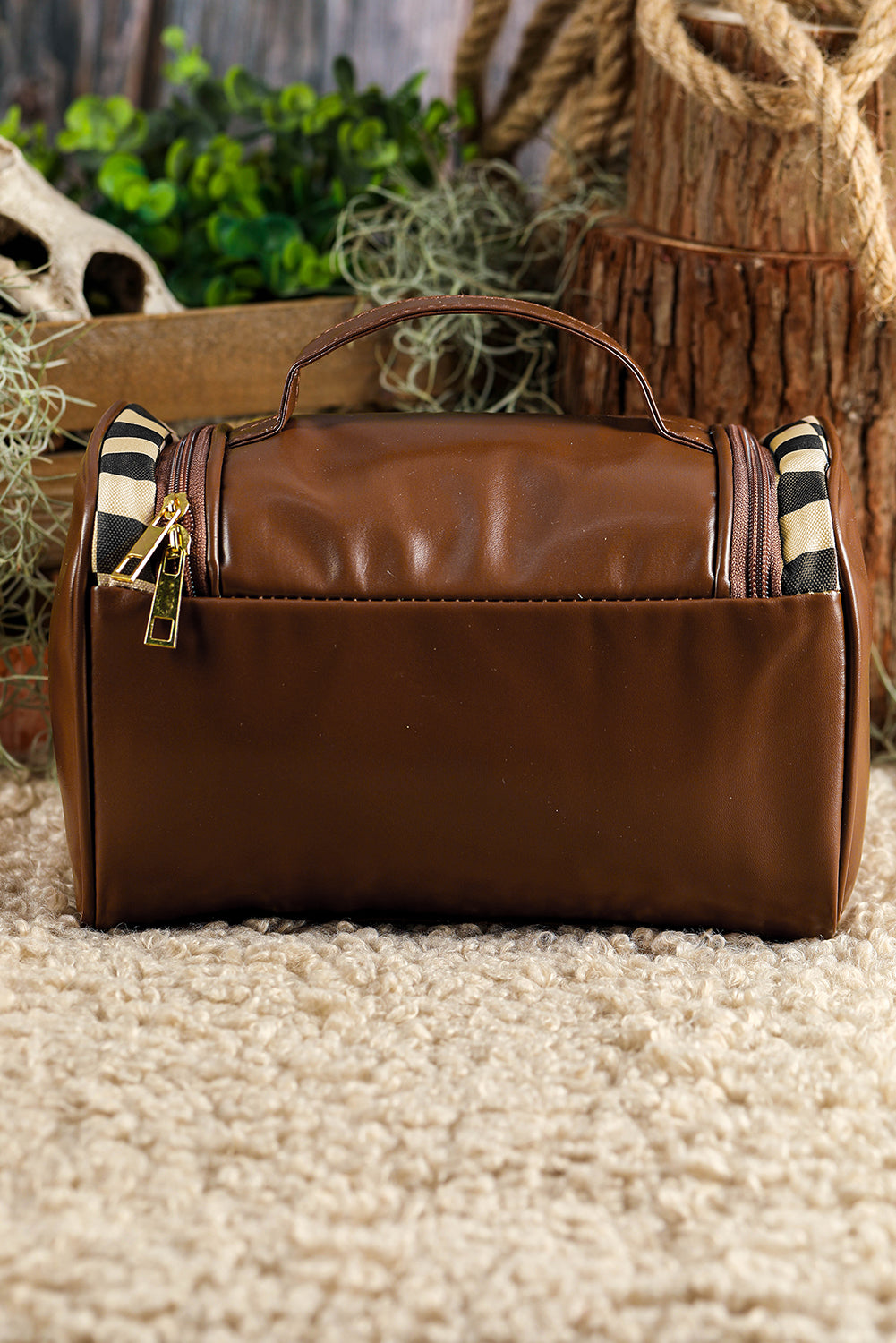 Brown Checker Print Leather Zipper Makeup Bag