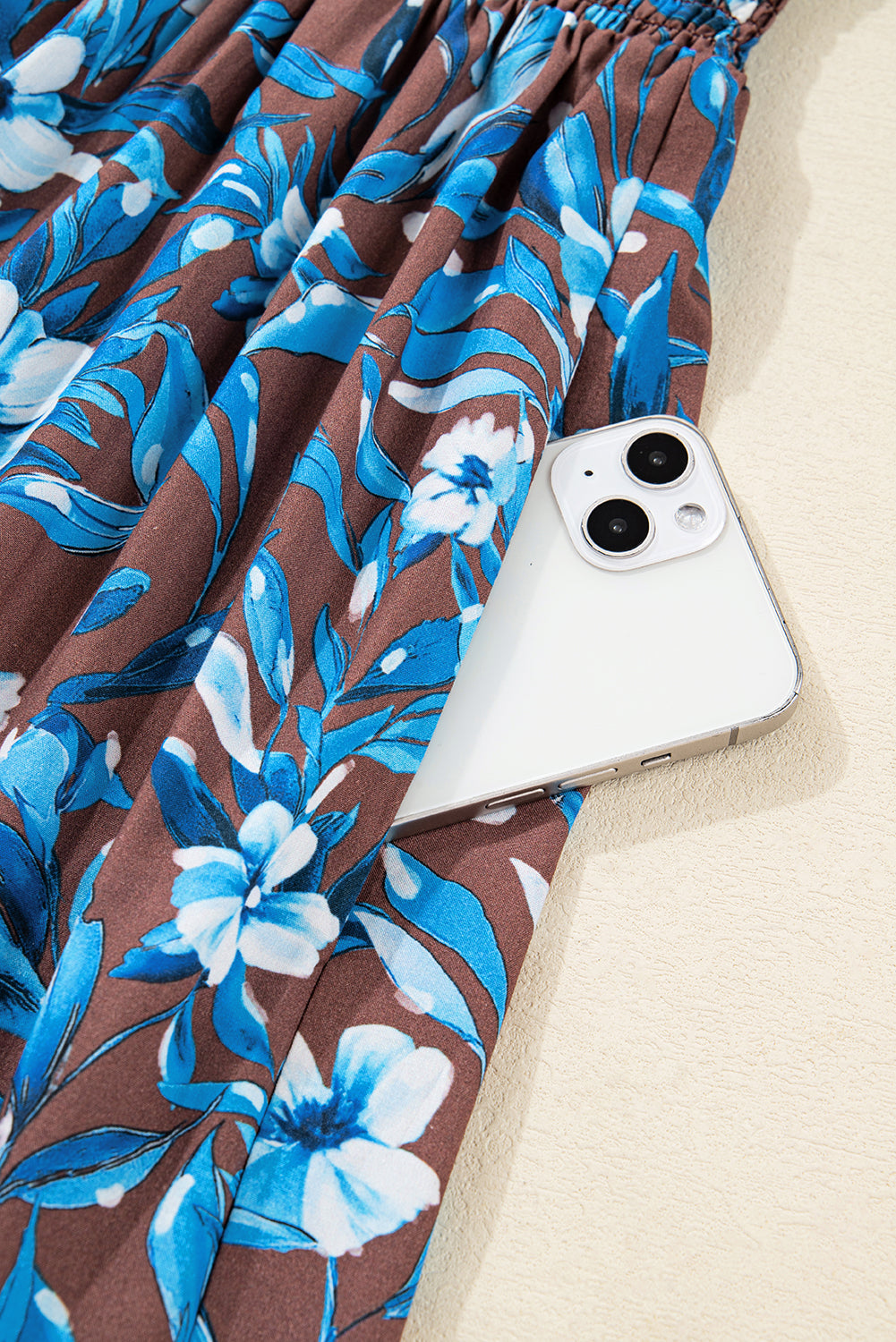 Blue Smocked Bodice High Waist Ruffled Sleeve Floral Dress