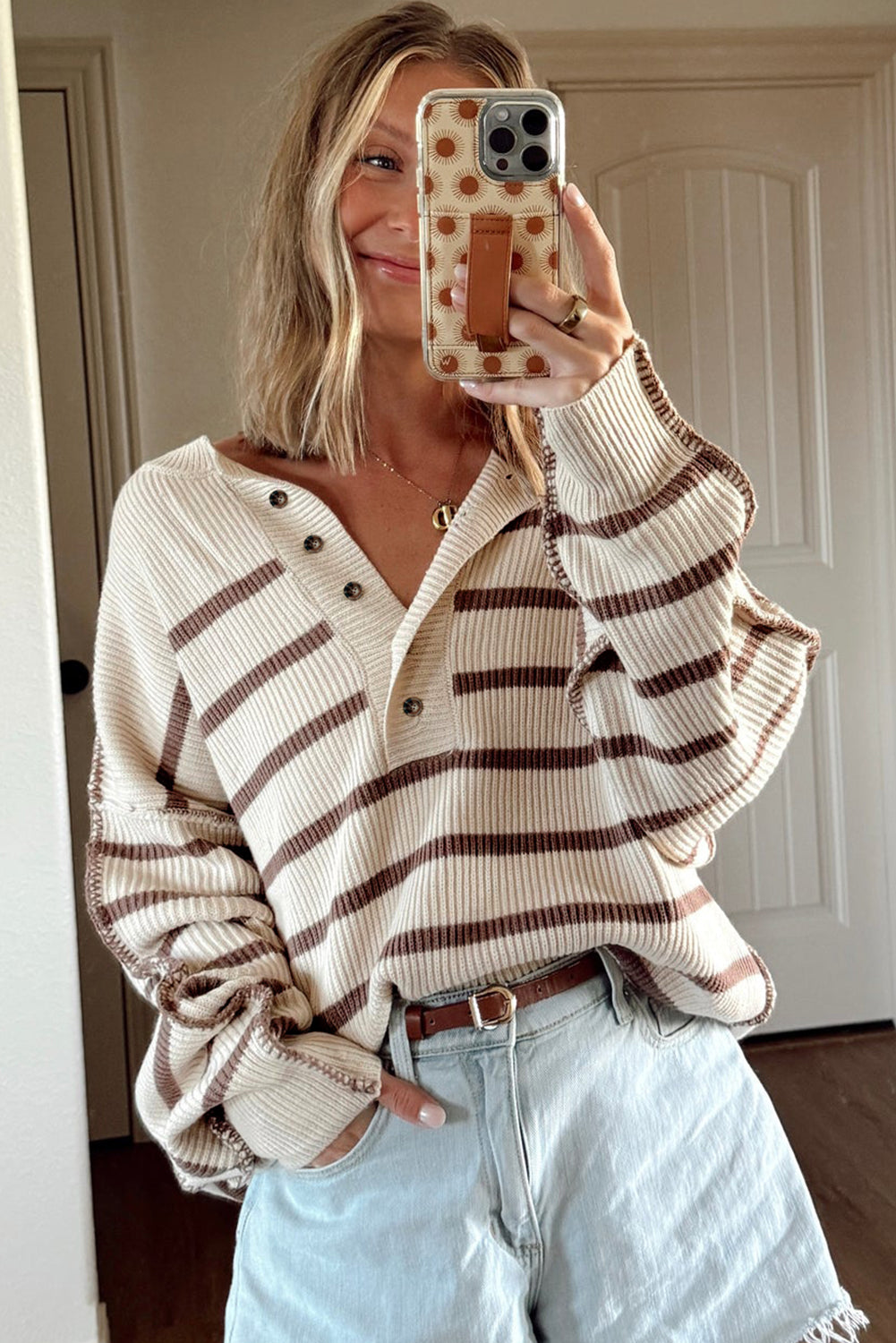 Brown Striped Exposed Seam Loose Henley Sweater