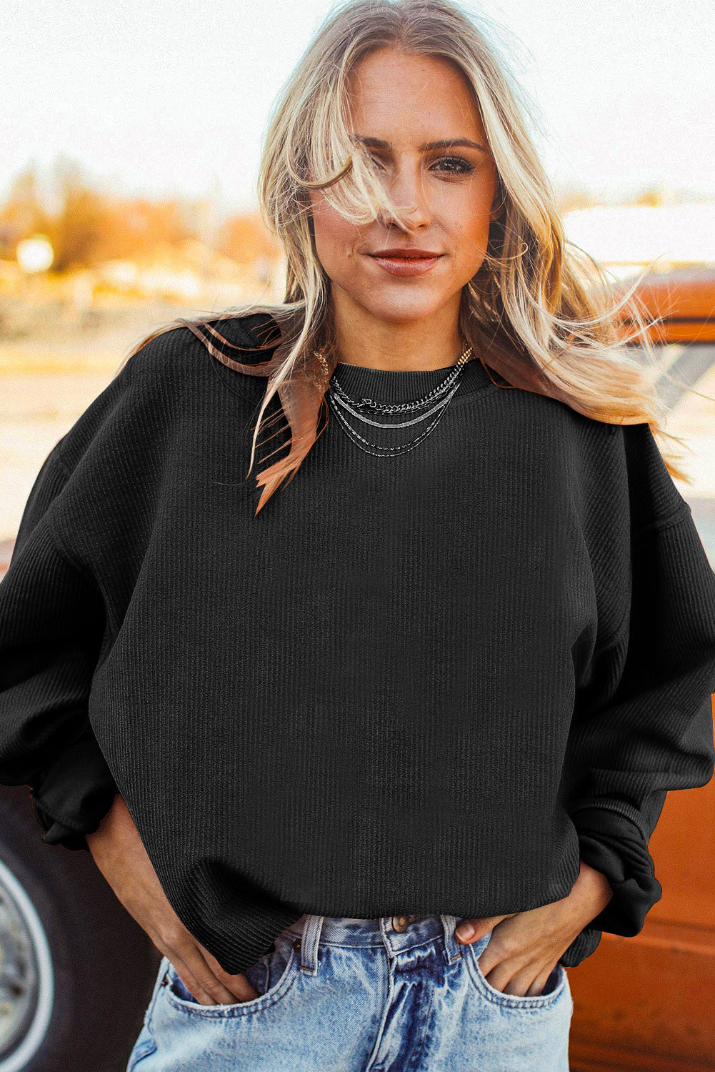 Drop Sleeve Rib Knit Oversized Sweatshirt -13 COLOR OPTIONS